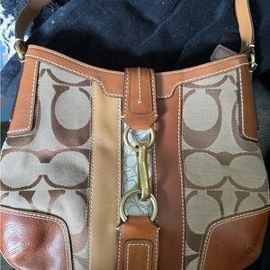 Coach Brown and Tan Signature Shoulder Bag